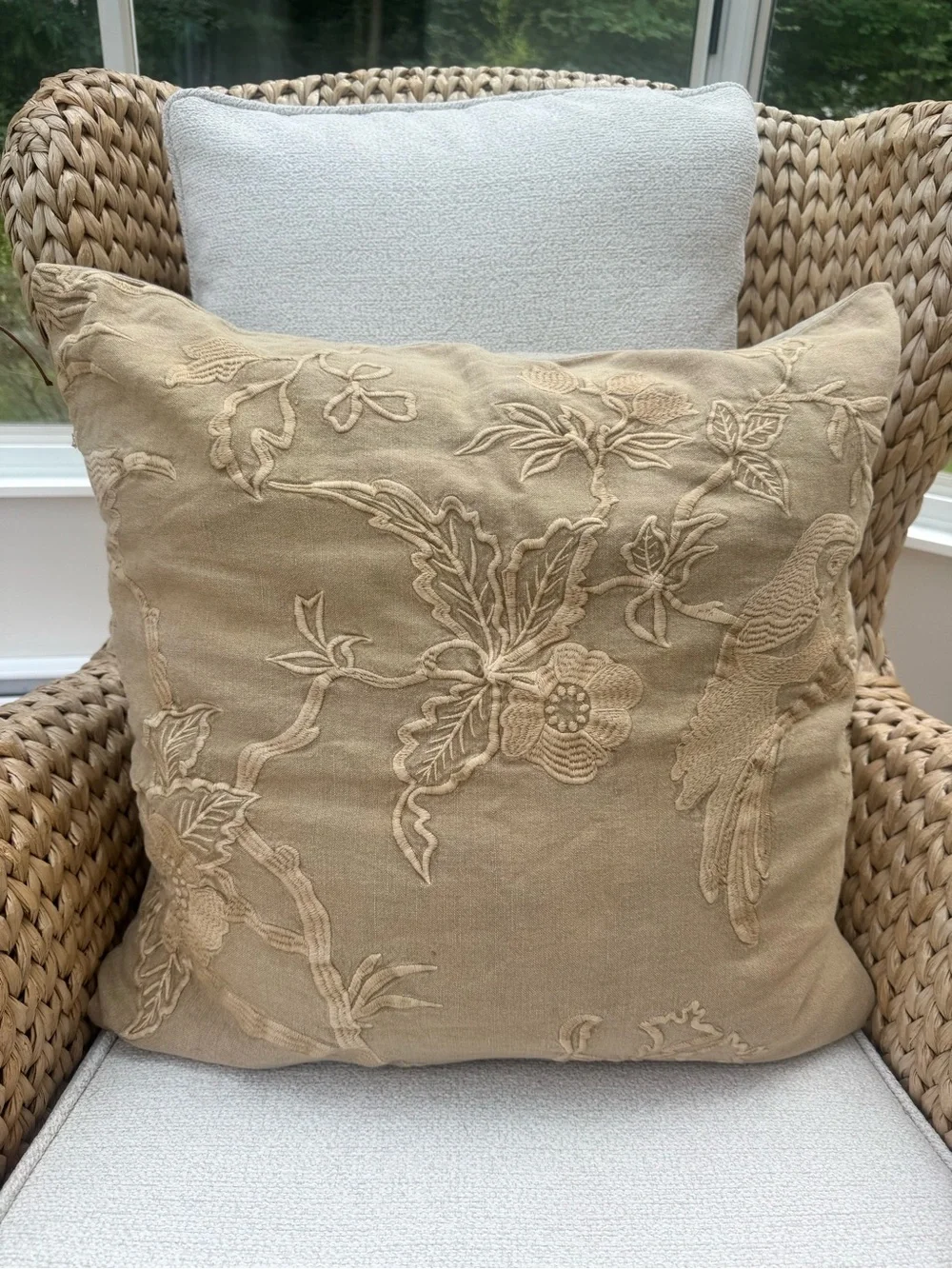 Pottery Barn Embroidered Bird Floral Linen Pillow Cover 22” x 22” Taupe